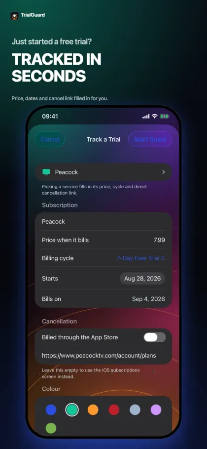 TrialGuard screenshot: tracked in seconds