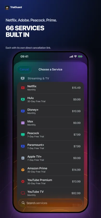TrialGuard screenshot: services