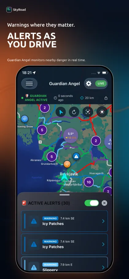 SkyRoad screenshot: alerts as you drive