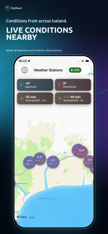 SkyRoad screenshot: live conditions