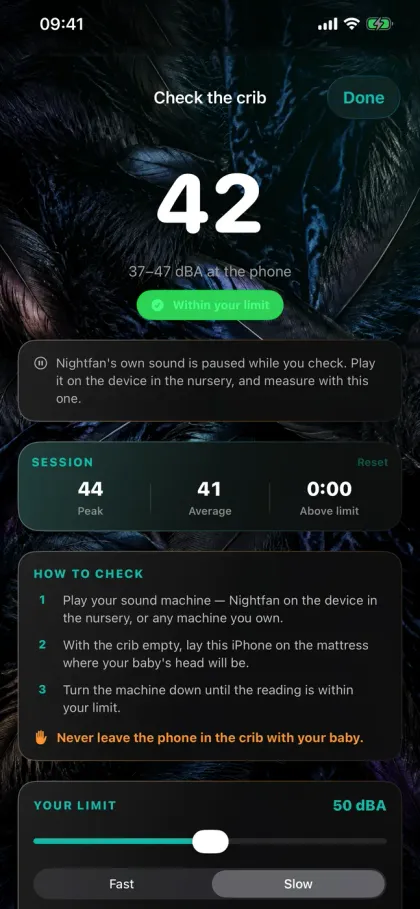 Nightfan Crib Check sound level